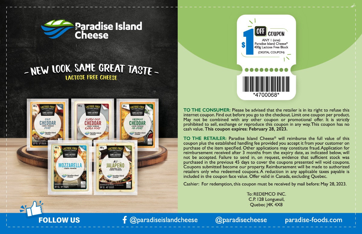 Save $1 on any 1 Paradise Island Cheese® 400g Lactose Free Block