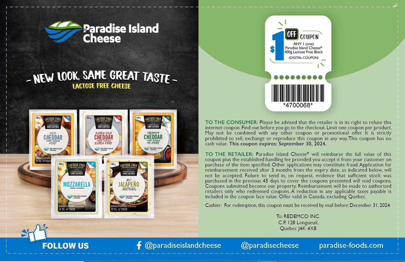 Save $1 on any 1 Paradise Island Cheese® 400g Lactose Free Block